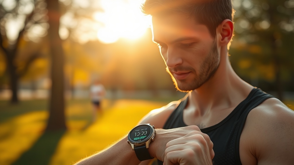 공원에서 러닝을 마친 남성이 스마트워치 화면에 표시된 VO2 Max 수치를 진지하게 확인하며 자신의 체력 수준을 가늠하는 모습