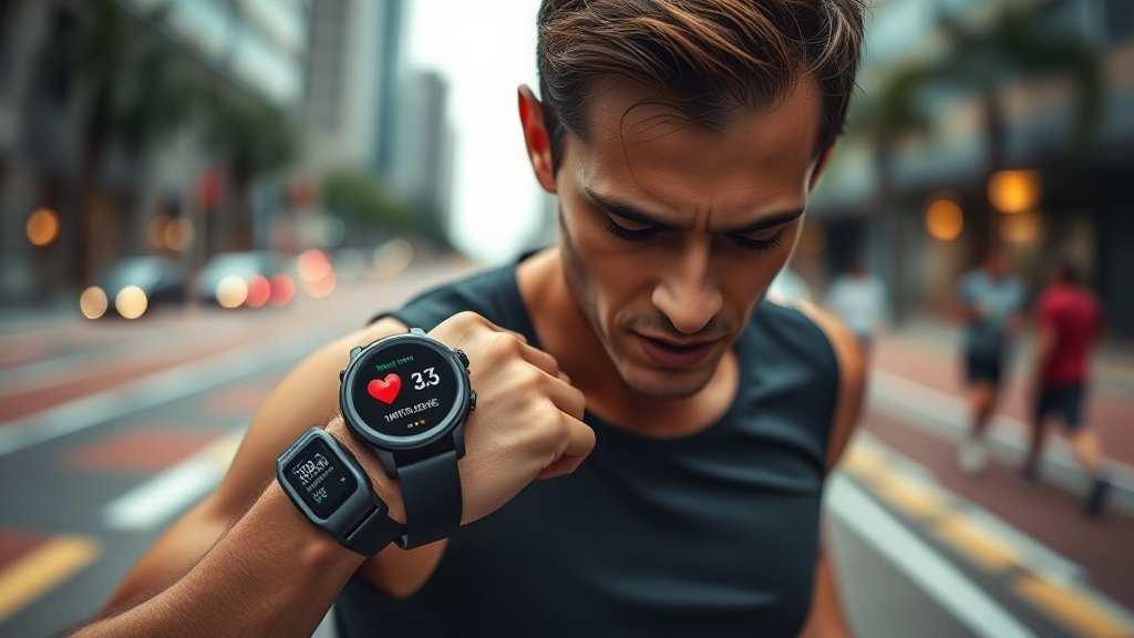 러닝 중 스마트워치에 표시된 심박수 구간 데이터를 진지하게 확인하며 달리는 사용자의 모습
